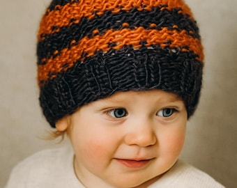 Handmade Knitted Baby Hat – Gray & Rust Striped Pom-Pom Beanie (9–12 Months)