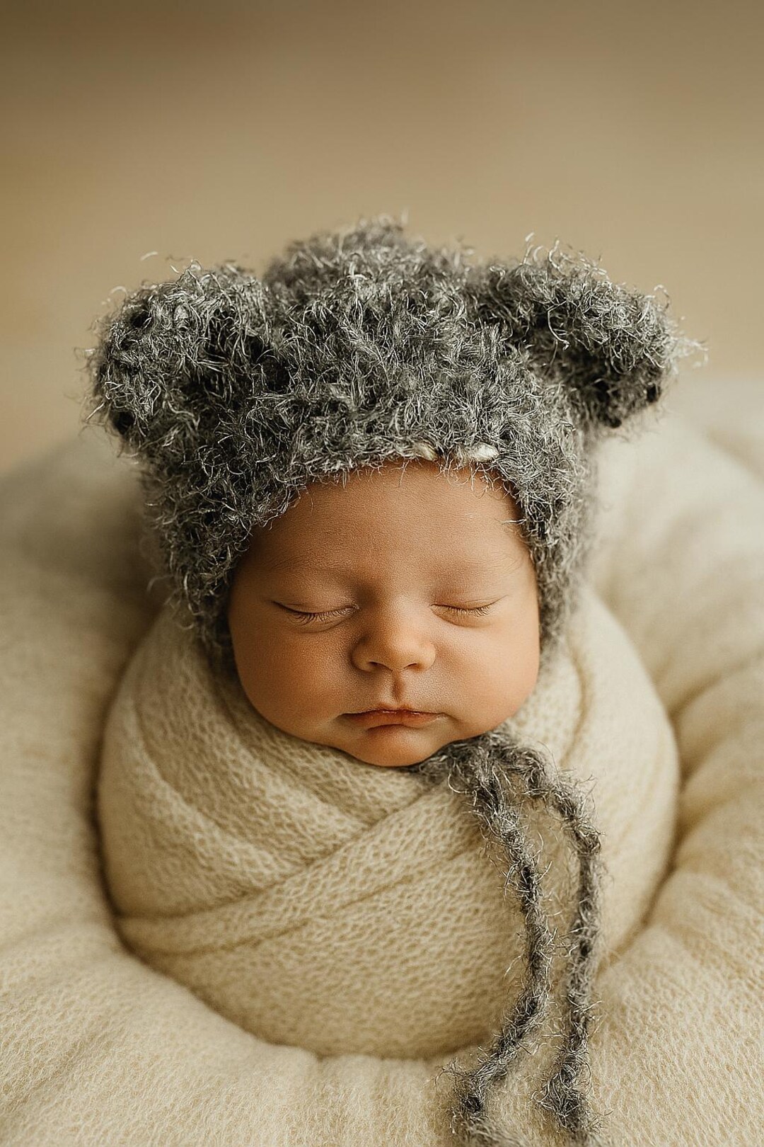 Fuzzy Bear Bonnet: Hand-knit Gray Baby Hat With Ears