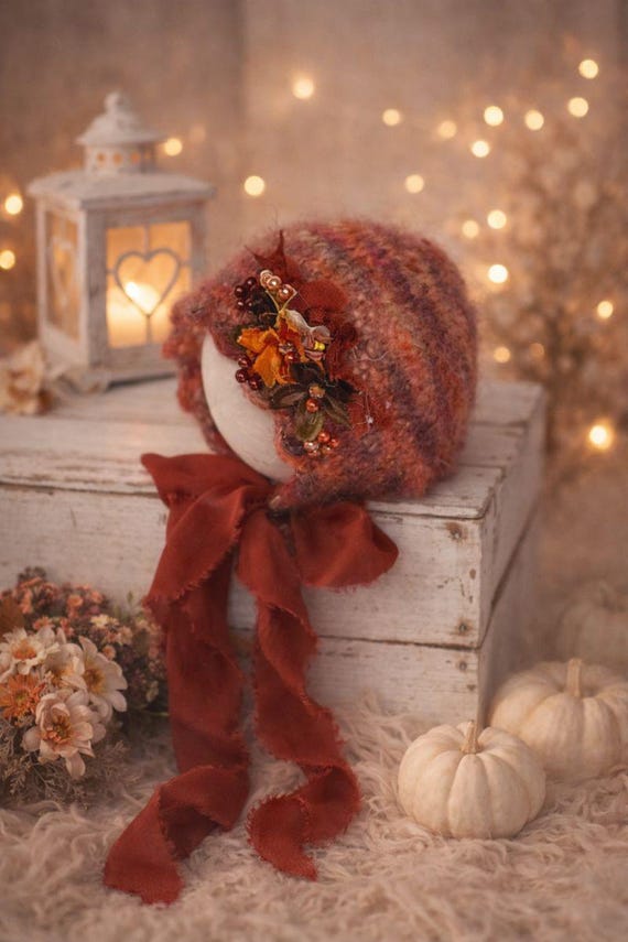 Autumn Berry Hand-knit Newborn Bonnet – Textured Mohair With  display picture 1