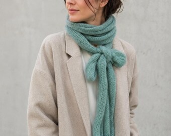 Extra Long Sage Green Mohair Blend Skinny Scarf, Hand Knit Lightweight Wrap, Soft Fuzzy Winter Scarf, 8 Ft Long Narrow Scarf, Women's Gift