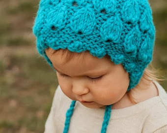 Turquoise Knitted Bobble Bonnet – Size 12–18 Months – Sparkly Acrylic Yarn Baby Hat