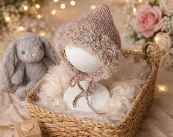Hand-Knitted Newborn Bonnet, Faux Fur Trim, Photography Prop