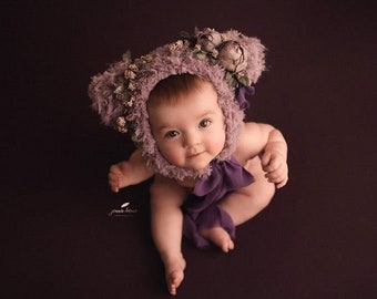 Faux Fur Baby Bear Bonnet – Lavender Floral Knit Hat (6–12 Months)