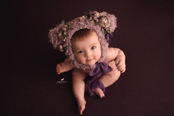 Faux Fur Baby Bear Bonnet – Lavender Floral Knit Hat (6–12 Months)