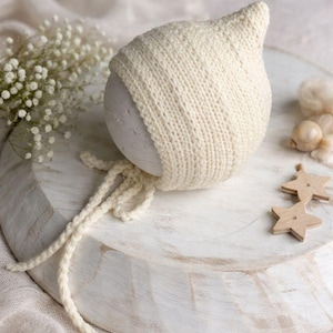 Hand Knit Newborn Pixie Bonnet – Ivory Cotton Blend, Crochet Trim