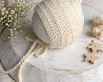 Hand Knit Newborn Pixie Bonnet – Ivory Cotton Blend, Crochet Trim