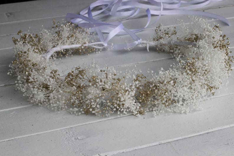 White and Champagne Sparkle baby breath crown,flower girl,wedding accessories, Glittered floral crown image 6