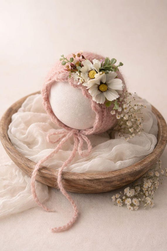 Newborn Floral Knit Bonnet • Soft Pink Baby Girl Photo Prop