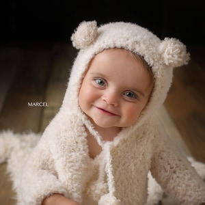 Handmade Baby Bear Outfit – Fuzzy Knit Hooded Romper with Ears | Newborn & Infant Photo Prop -  Sitter photo prop -Toddler Hoodie