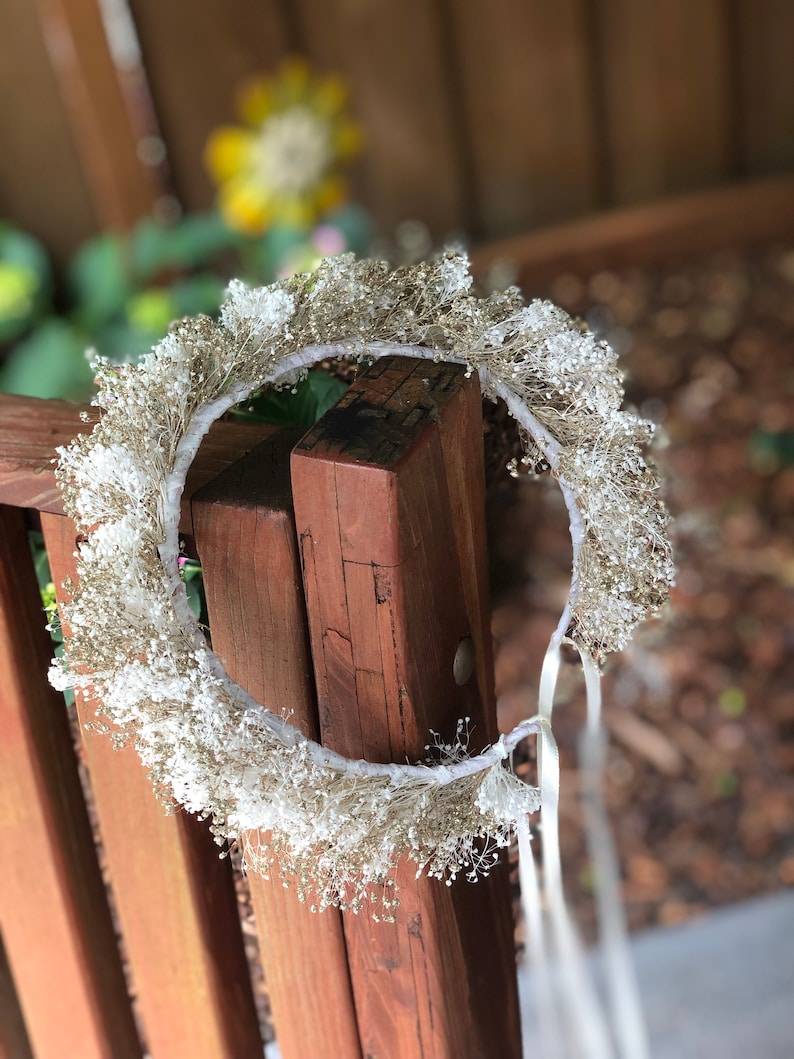 White and Champagne Sparkle baby breath crown,flower girl,wedding accessories, Glittered floral crown image 3