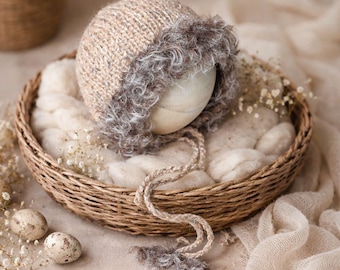 Hand-Knit Newborn Bonnet: Beige Fluffy Trim, Photo Prop