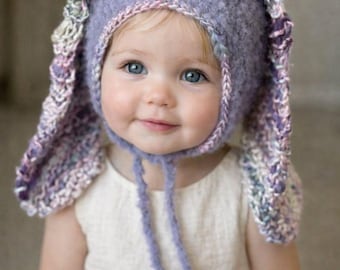 Lavender Bunny Bonnet for Toddler – Hand-Knit Photo Prop Hat with Long Ears