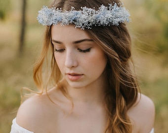 Light Blue & White Baby’s Breath Floral Crown | Real Dried Flowers | Silver Sparkle