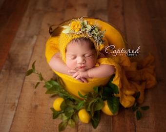 Newborn Floral Bonnet: Yellow Roses, Green Accents