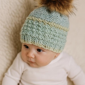 Hand Knitted Baby Hat with Faux Fur Pom Pom (3-6m)