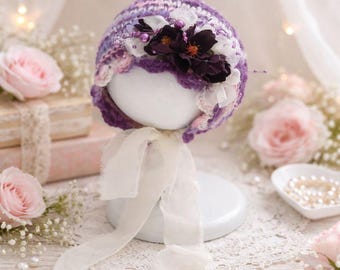 Newborn Mohair Baby Bonnet with Floral Embellishment | Soft Knit Newborn Photo Prop | Lavender Bonnet