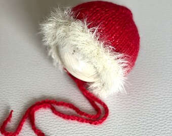New born Santa  knitted bonnet,Red Bonnet for Christmas new born