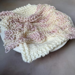 Hand-Knitted Newborn Photo Prop Blanket, Blush Cream Wool Blend