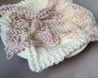 Hand-Knitted Newborn Photo Prop Blanket, Blush Cream Wool Blend