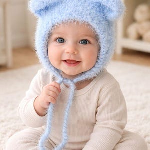 Blue Teddy Bear Baby Bonnet – Hand Knit Fluffy Hat with Ears – 6–12 Months