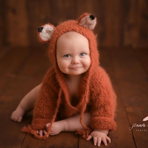 Knitted Fox Hoodie -Sitter fox top  - Infant  Fox sweater- Hand Knit Baby Fox Hoodie – Fuzzy Woodland Animal Sweater – Photo Prop Outfit