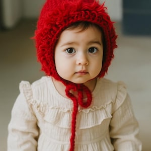 May include: A child wearing a bright red, textured knit hat with a pointed top and long ties. The child is also wearing a cream-colored long-sleeved shirt with ruffled detailing. The background is a soft, neutral tone.