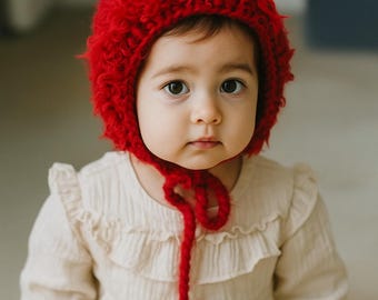 Handmade Red Knit Bonnet with Fuzzy Trim - 9-12 Months