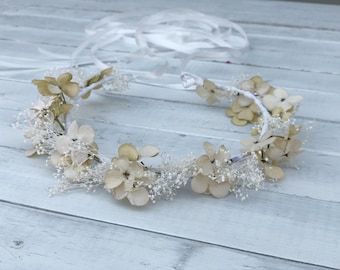 white and cream floral Wreath,vintage creamWreath,Flower Girl,Baby Breath Crown