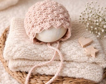 Hand Knit Alpaca Newborn Bonnet • Blush Scalloped Photography Prop