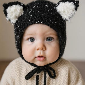 Knitted Black Cat Bonnet with Fluffy White Ears – Baby Size 6–12 Month