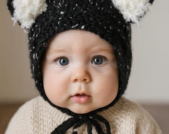Knitted Black Cat Bonnet with Fluffy White Ears – Baby Size 6–12 Month