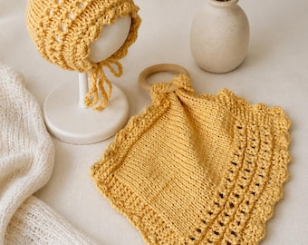 Hand Knitted Baby Bonnet and Lovey Set | Cotton Blend Heirloom Newborn Gift