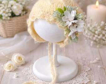 Newborn Mohair Baby Bonnet with Floral Detail | Soft Knit Photography Prop