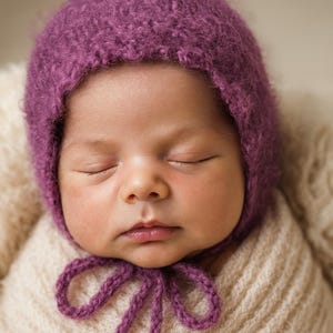 Hand Knit Mohair Baby Bonnet - Plum Purple Fuzzy Hat, Newborn Photo Prop