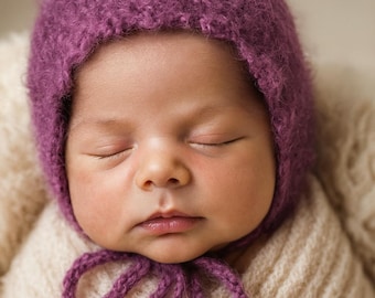 Hand Knit Mohair Baby Bonnet - Plum Purple Fuzzy Hat, Newborn Photo Prop
