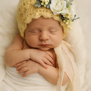 Hand-Knit Yellow Newborn Bonnet with Floral Crown – Mohair Baby Girl Photo Prop