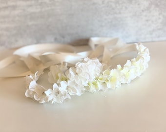 Witte hortensia strik, hoofdband bloemenmeisje, hoofdband eerste communie, witte haaraccessoires