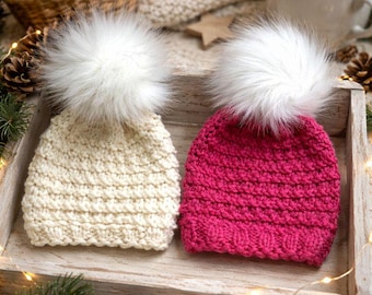 Hand Knitted Baby Beanie: Cotton Silk Blend with Faux Fur Pom Pom