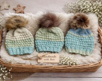 Hand Knitted Baby Hat with Faux Fur Pom Pom (3-6m)