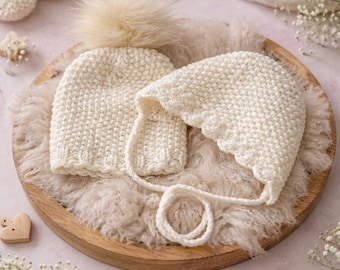 Hand-Knit Cotton Blend Baby Bonnet & Pom Beanie Set - Cream 0-3 Months