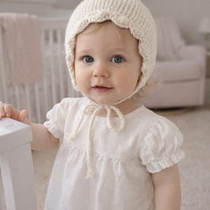 Hand Knit Baby Bonnet | Off White Cotton Blend, Crochet Trim