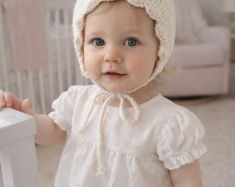 Hand Knit Baby Bonnet | Off White Cotton Blend, Crochet Trim