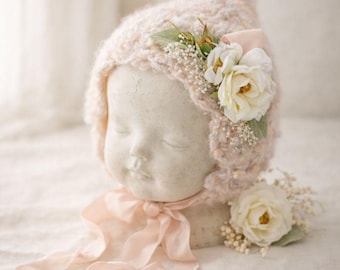 Newborn Floral Bonnet: Handcrafted Photography Prop, Silk Ties