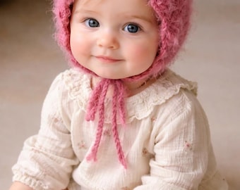 Hand-Knitted Baby Bonnet in pink