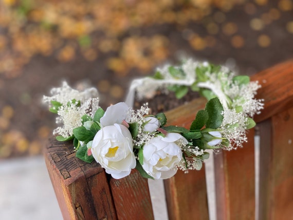 White and Greenery Tie Back Floral Crown, White Rosses Crown 