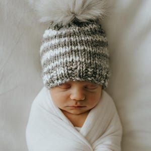 Handmade Newborn Knit Beanie with Faux Fur Pom | Gray Striped Baby Hat