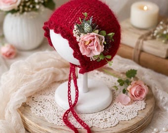 Floral Newborn Bonnet: Pink Crochet Knit, Baby Photo Prop