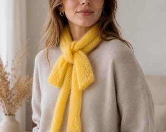 Extra Long Mohair Blend Skinny Scarf, Mustard Yellow Knit Scarf, Soft Fluffy Wrap, Lightweight Winter Scarf,Long Handmade Gift for Women