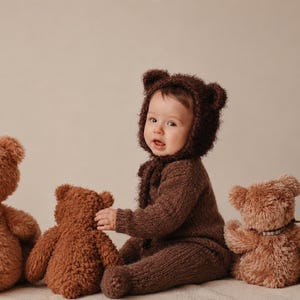 Hand Knit Teddy Bear Bonnet | Faux Fur Baby Bonnet | Bear Ears Hat | Cozy Winter Baby Hat | Baby Shower Gift | Size 6–12 Months | Photo Prop