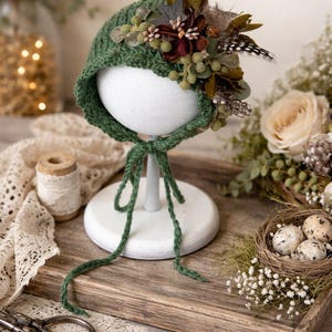 Newborn Mohair Knitted Bonnet with Silk Flowers | Baby Photo Prop | Forest Green Pixie Bonnet